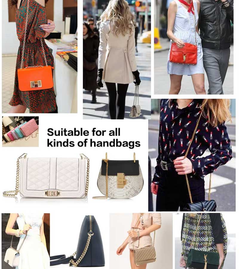 Collage showing handbags with metal chains in use, labeled \"Suitable for all handbags\"