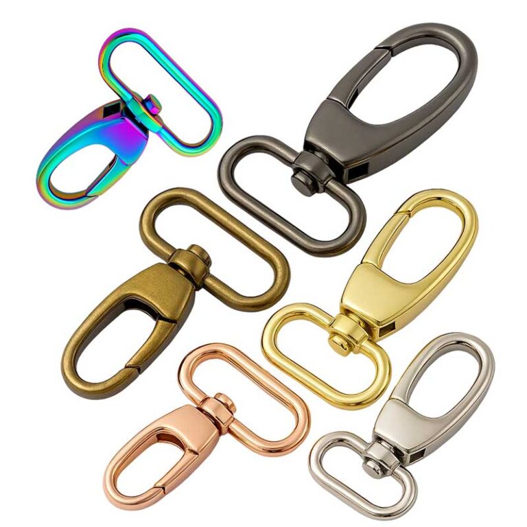 Assorted lobster swivel snap hook samples in rainbow, gunmetal, nickel, and brass finishes