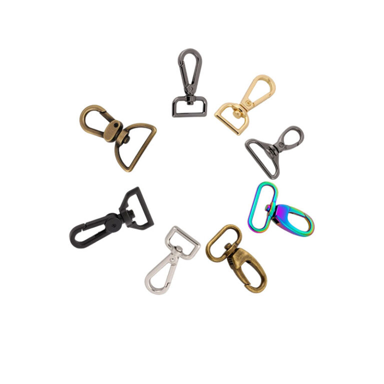 Wholesale collection of swivel lobster clasp snap hooks in rainbow, gold, and gunmetal.