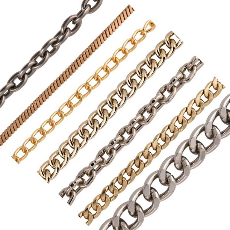 Custom metal chain strap set featuring mixed styles and finishes in gold, silver, and bronze for versatile bag designs