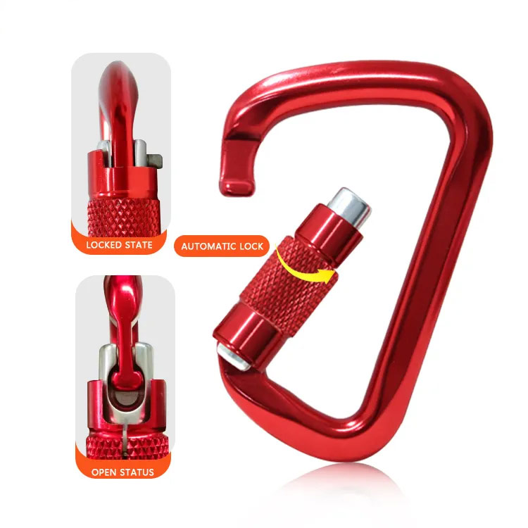 DG Buddy heavy duty locking carabiner showing locked, open, and auto-lock states for climbing safety