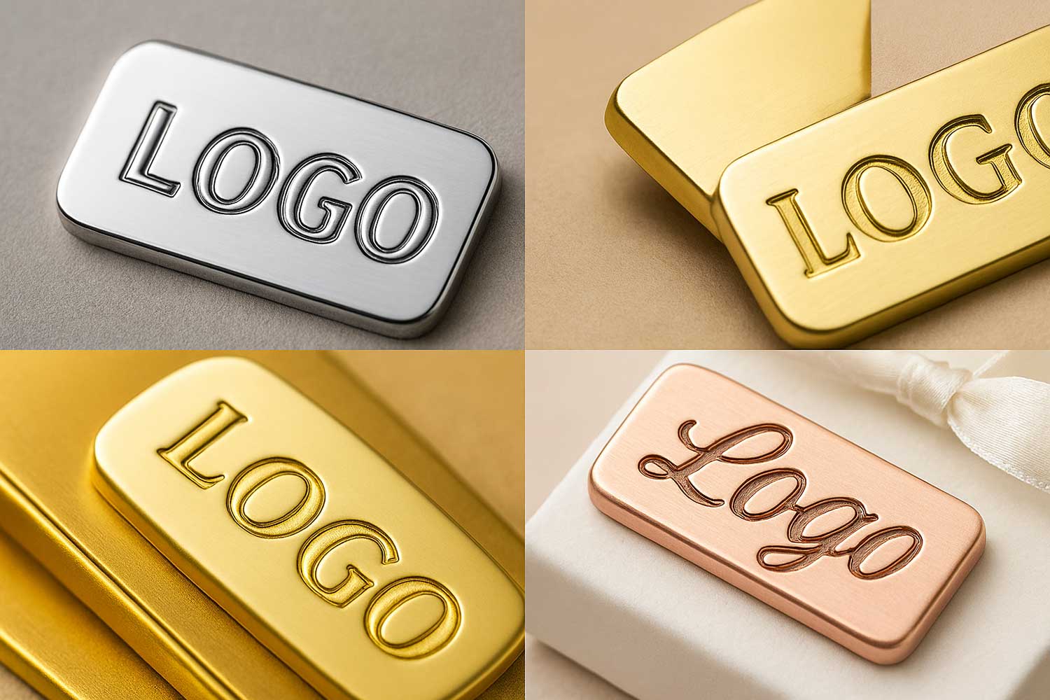 Close-up views of silver, gold, and rose gold metal nameplates showing polished surface, embossed logo, and edge finishing