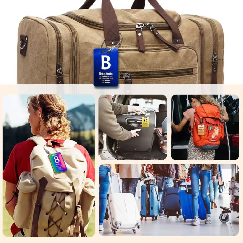 Personalized laser-engraved metal suitcase tag attached to a black travel bag