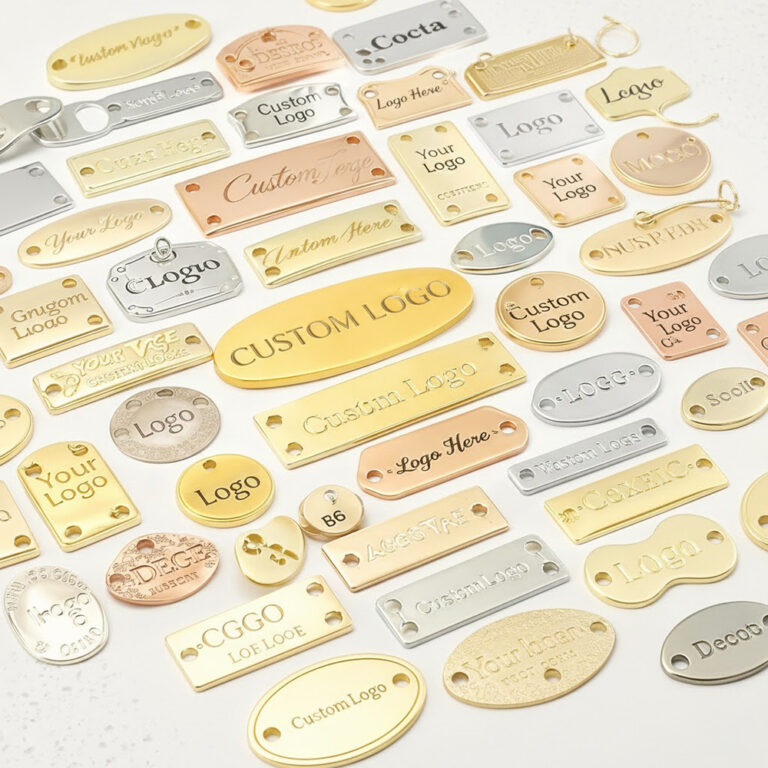 Custom metal branding label attached to a bag for illustrative purposes"