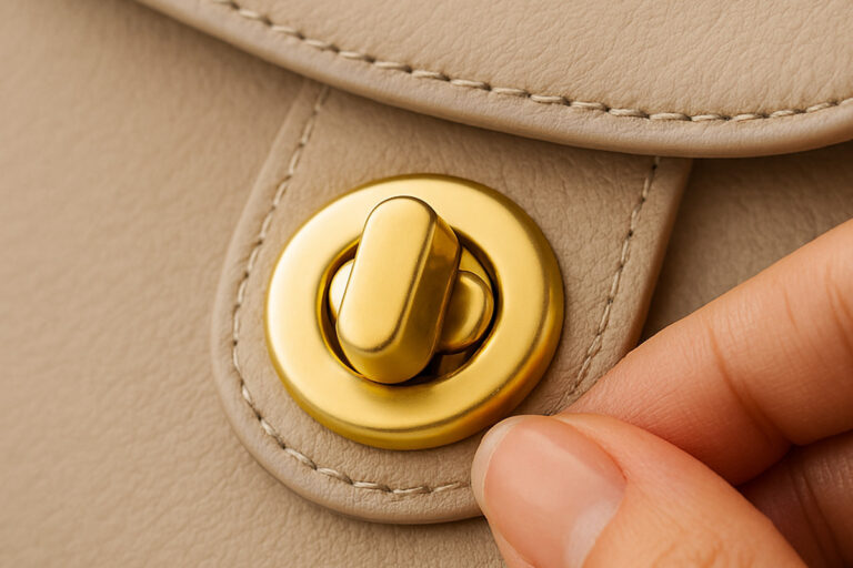 Customized handbag hardward lock installed on a leather handbag, showing a secure and elegant turn lock closure for women’s bags.