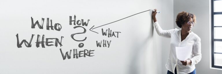 Supplier presenting key sourcing questions for handbag hardware: who, when, how, what, why, where