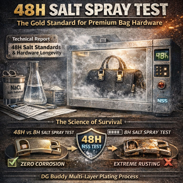 Professional 48H Salt Spray Test for premium zinc alloy bag hardware showing zero corrosion.