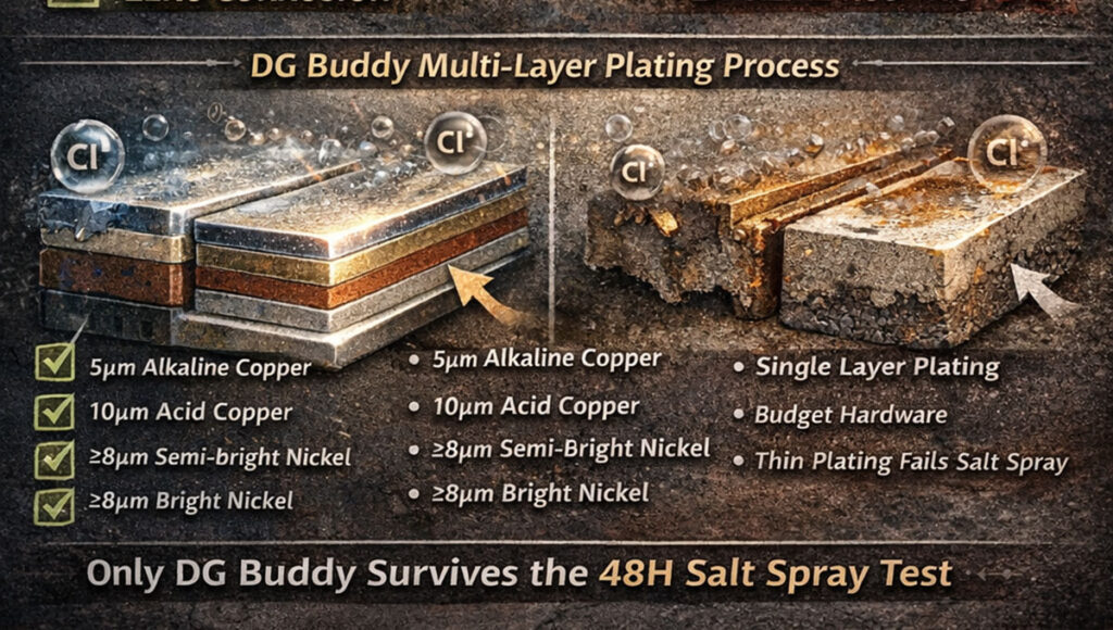 Microscopic comparison of zinc alloy hardware after 48-hour salt spray test showing zero surface corrosion