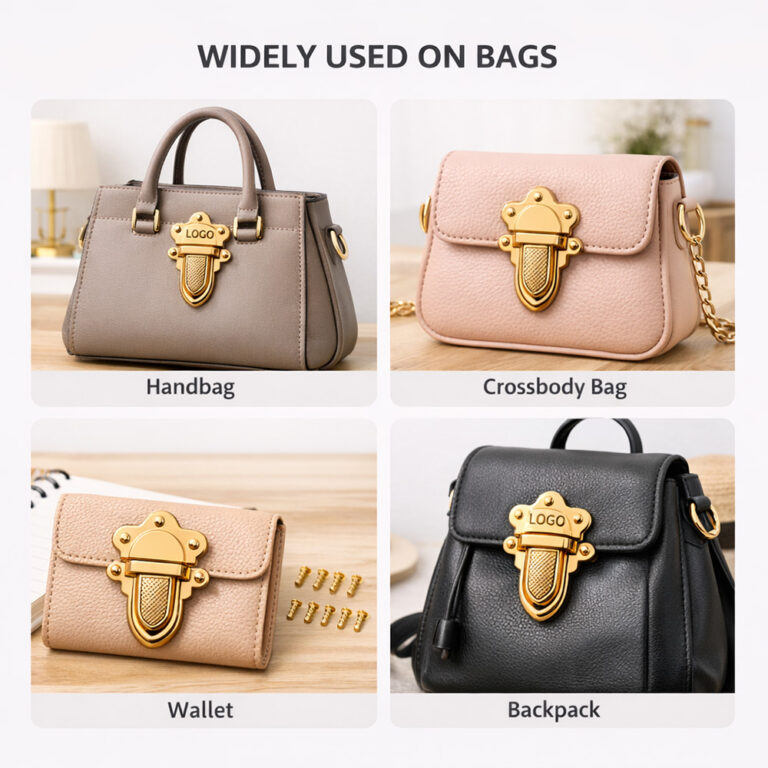 Gold metal push lock for handbags on white background