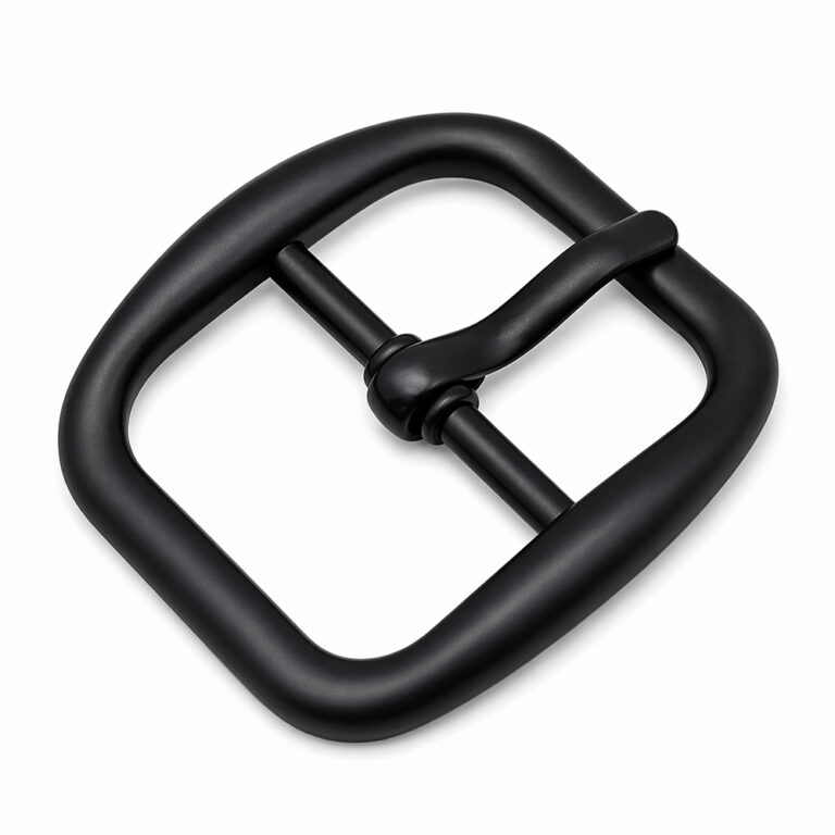 Close-up of Single Pin Buckle in matte black zinc alloy for leather belts.