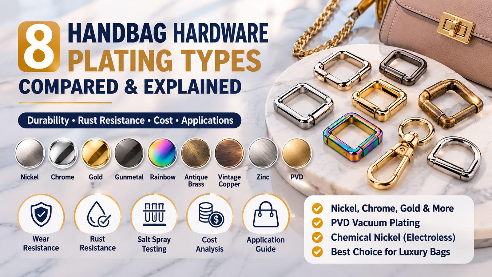8 handbag hardware plating types explained including nickel chrome gold rainbow antique brass PVD and chemical nickel finishes