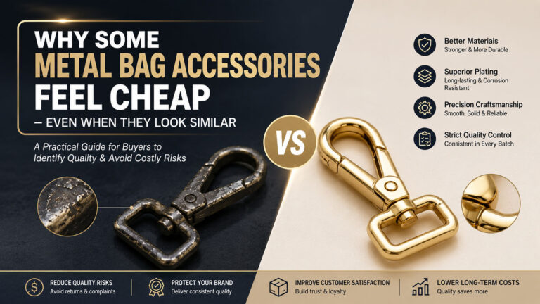 Cheap metal bag accessories vs quality handbag hardware comparison for OEM buyers, explaining why poorly made metal bag accessories feel cheap and how premium hardware improves durability and brand perception.