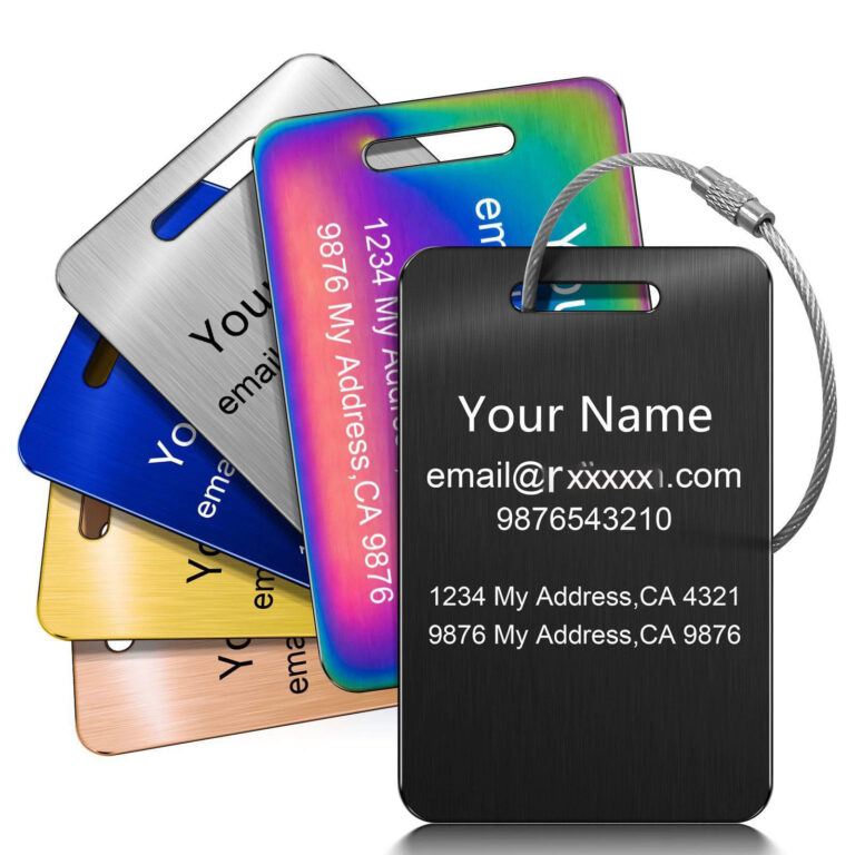 Multiple colors of Custom Metal Luggage Tags in rainbow blue yellow and black with personalized laser engraving.