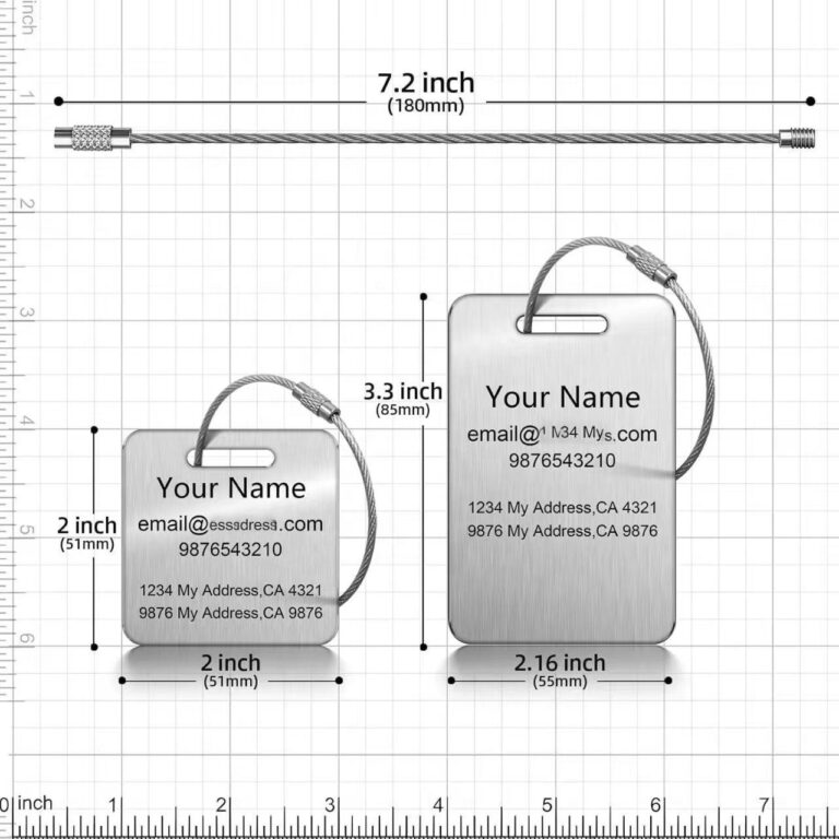 Multiple colors of Custom Metal Luggage Tags in rainbow blue yellow and black with personalized laser engraving.