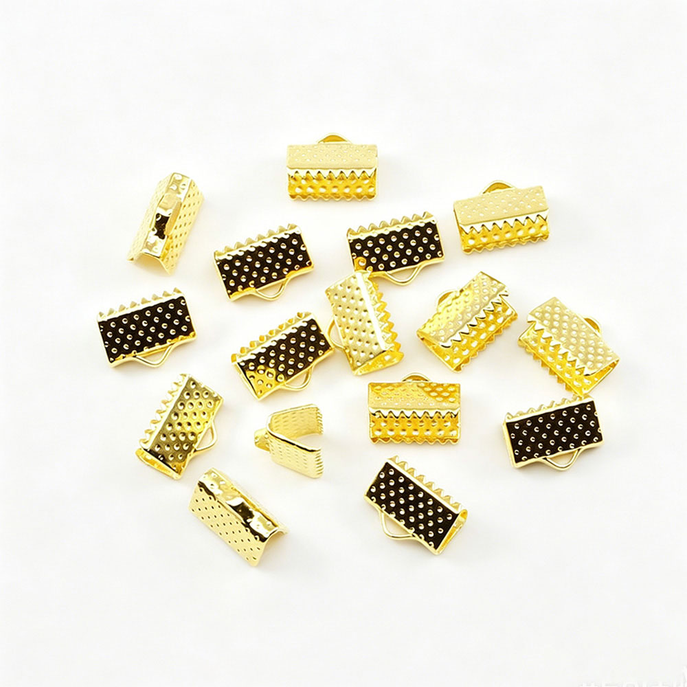 High-quality gold textured crimp end clamps designed for secure strap finishing.