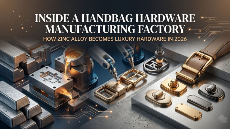 Handbag hardware manufacturing factory showing the transformation from zinc alloy ingots to finished luxury bag buckles in 2026, highlighting the full process of zinc alloy handbag hardware manufacturing.