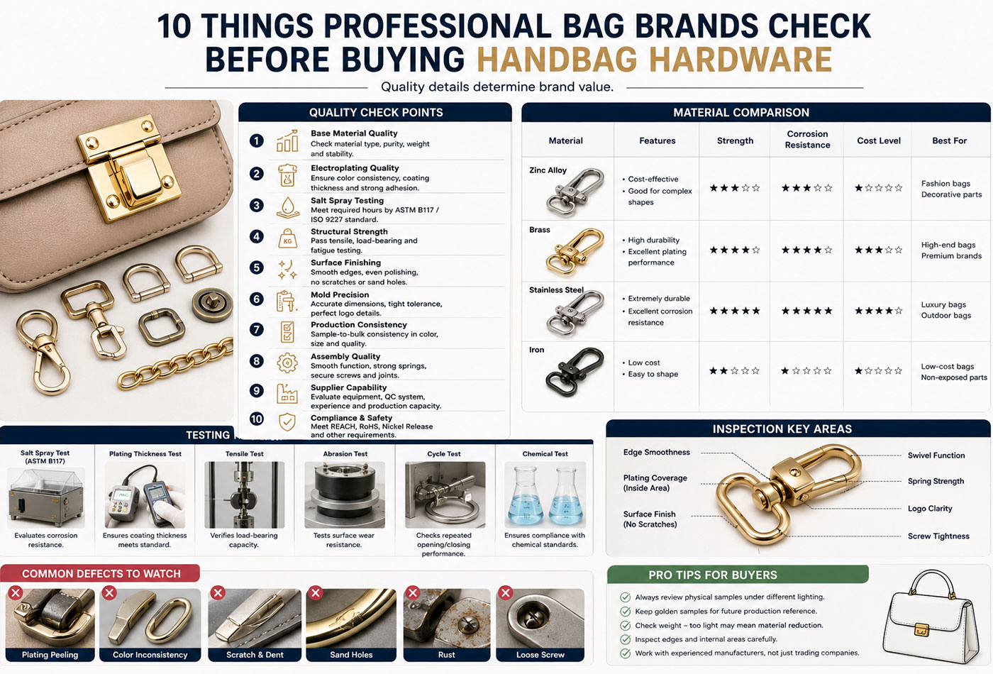 Professional luxury bag hardware inspection checklist for OEM handbag brands and suppliers