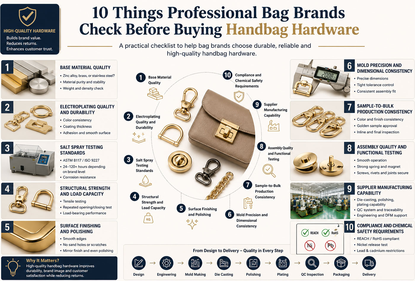 Luxury bag hardware buying guide showing plating materials locks chains and quality standards for bag brands