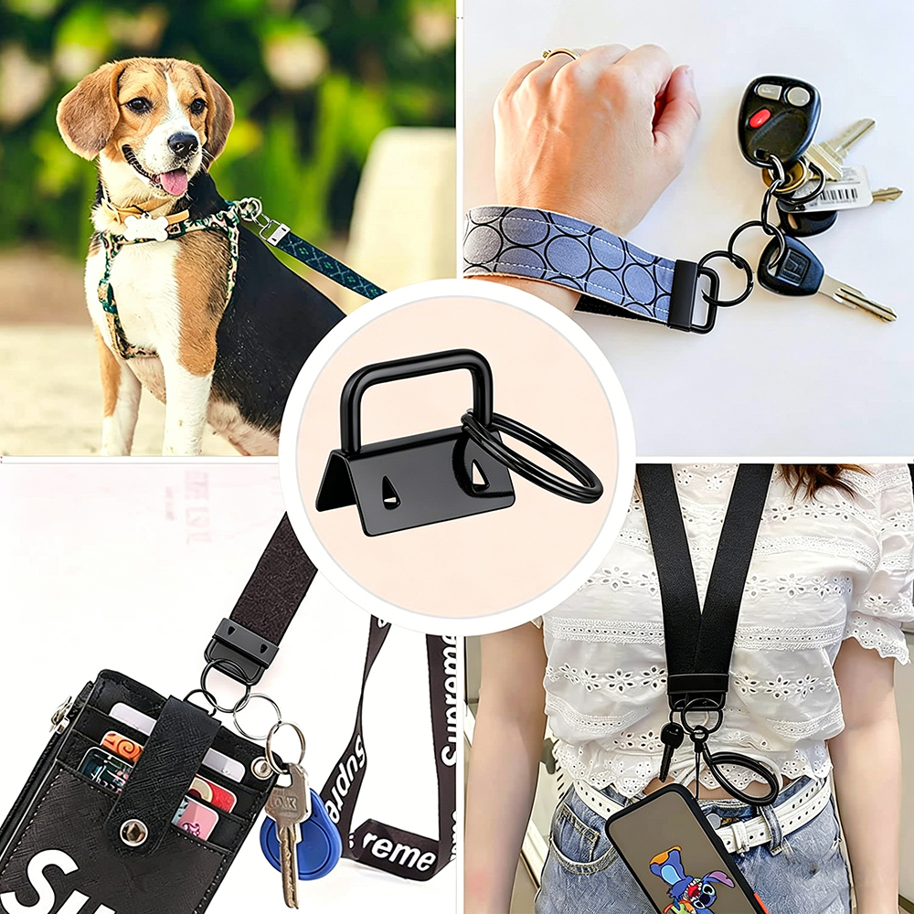 A collage showing Key Fob Hardware used on a dog leash, a wrist key chain, a phone lanyard, and a bag strap.