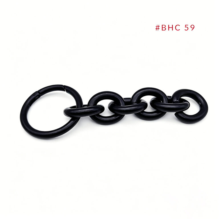 Matte black handbag chain strap with large zinc alloy circular hook connector on a clean white background