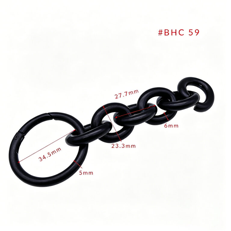 Matte black handbag chain strap with large zinc alloy circular hook connector on a clean white background