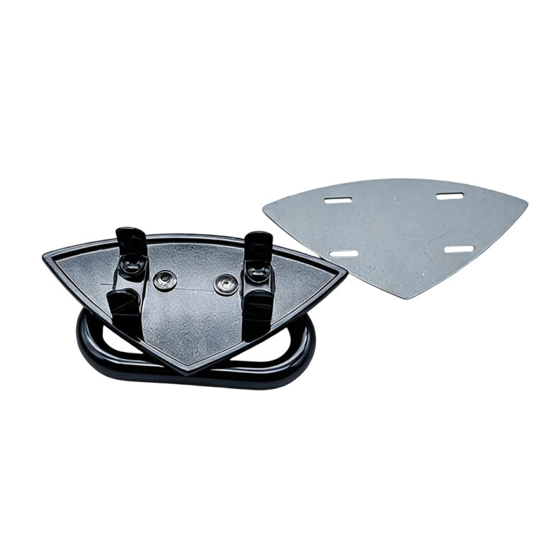 High-gloss black metal bag pull handle with triangle base for luxury handbags.