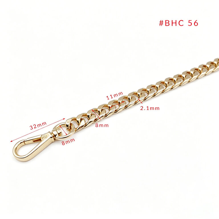 High‑quality gold curb chain for handbags with durable swivel lobster clasp, designed as a premium gold handbag chain strap for modern bag designs.