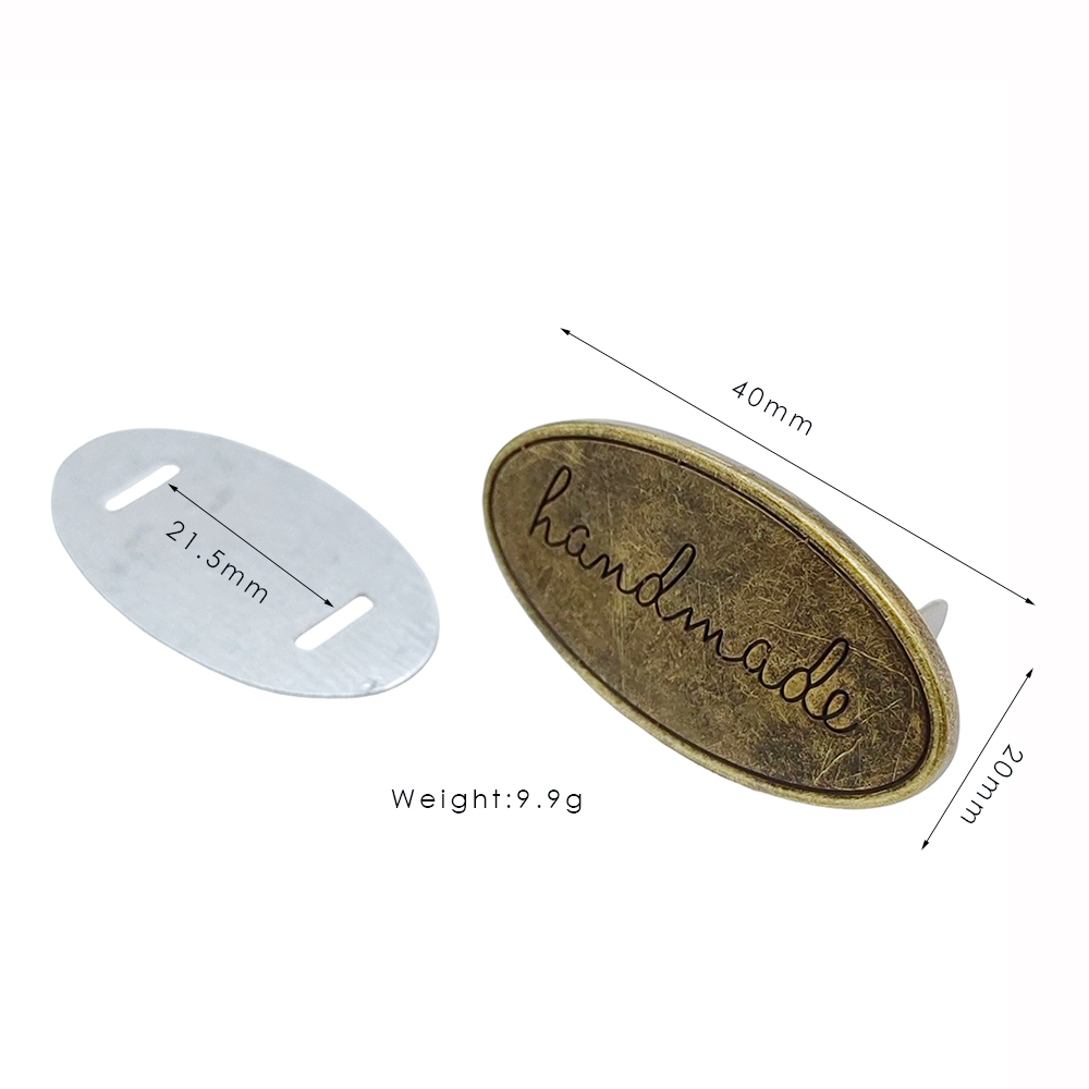 Technical dimensions of the 40mm Metal Handmade Label with 21.5mm washer hole distance.