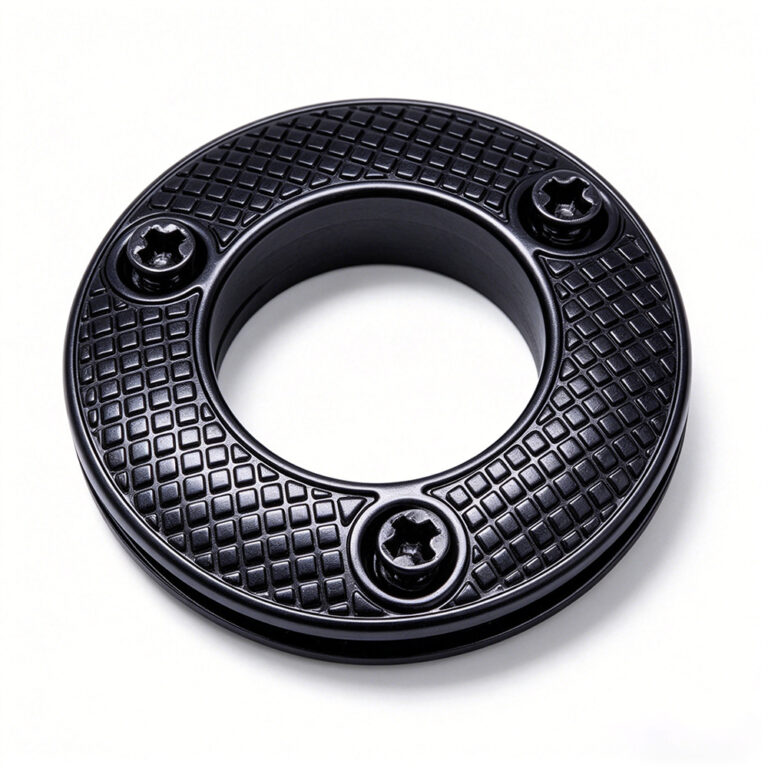 Metal Screw Eyelets in matte black finish with knurled decorative texture for leather bags.