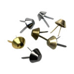 Assortment of Metal Cone Brads in gold silver and gunmetal finish for leather DIY projects.