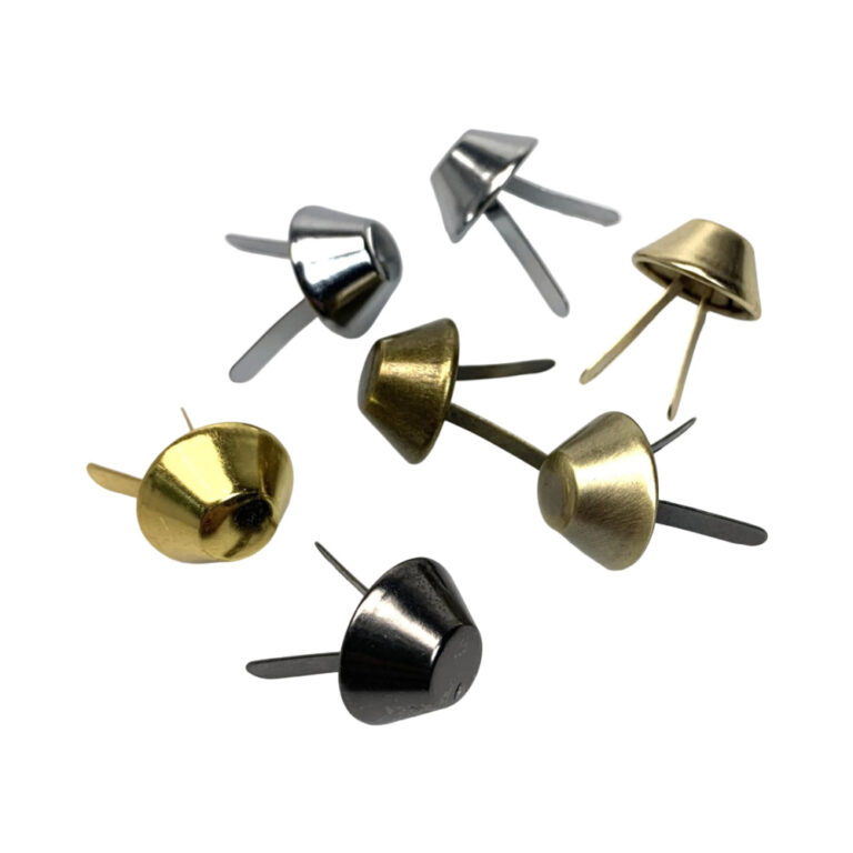 Assortment of Metal Cone Brads in gold silver and gunmetal finish for leather DIY projects.