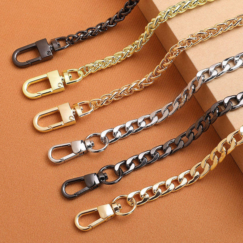 Wholesale decorative metal bag chain strap color options including light gold, gunmetal, nickel, and antique brass finishes with clasps.