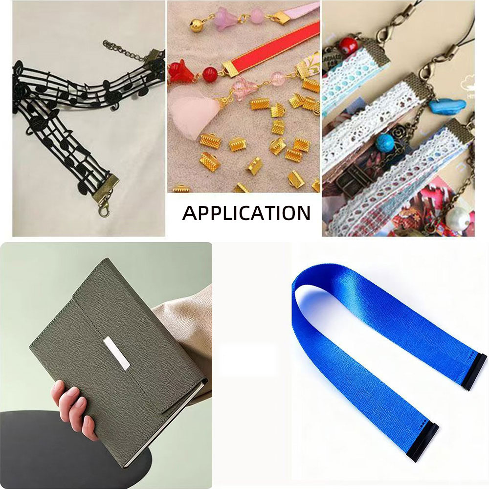 Practical application examples of ribbon clamp ends used as DIY handbag hardware and strap connectors.