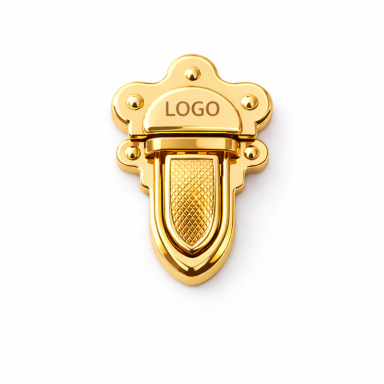 Gold metal push lock for handbags on white background