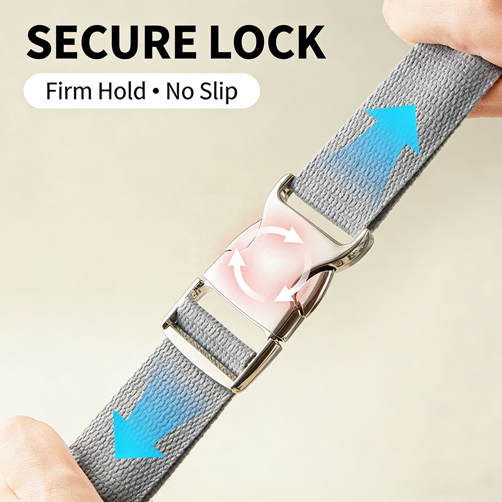 Adjustable strap buckle showing secure lock and no slip performance under tension