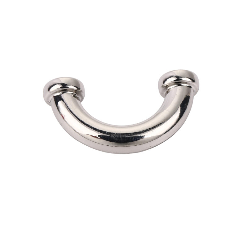 Front view of nickel plated metal arch connector and purse bridge connector with internal threads for luxury handbag hardware production.