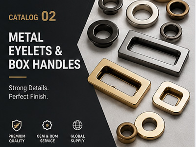 Decorative handbag hardware including metal eyelets, rings and handle connectors for luxury bag design