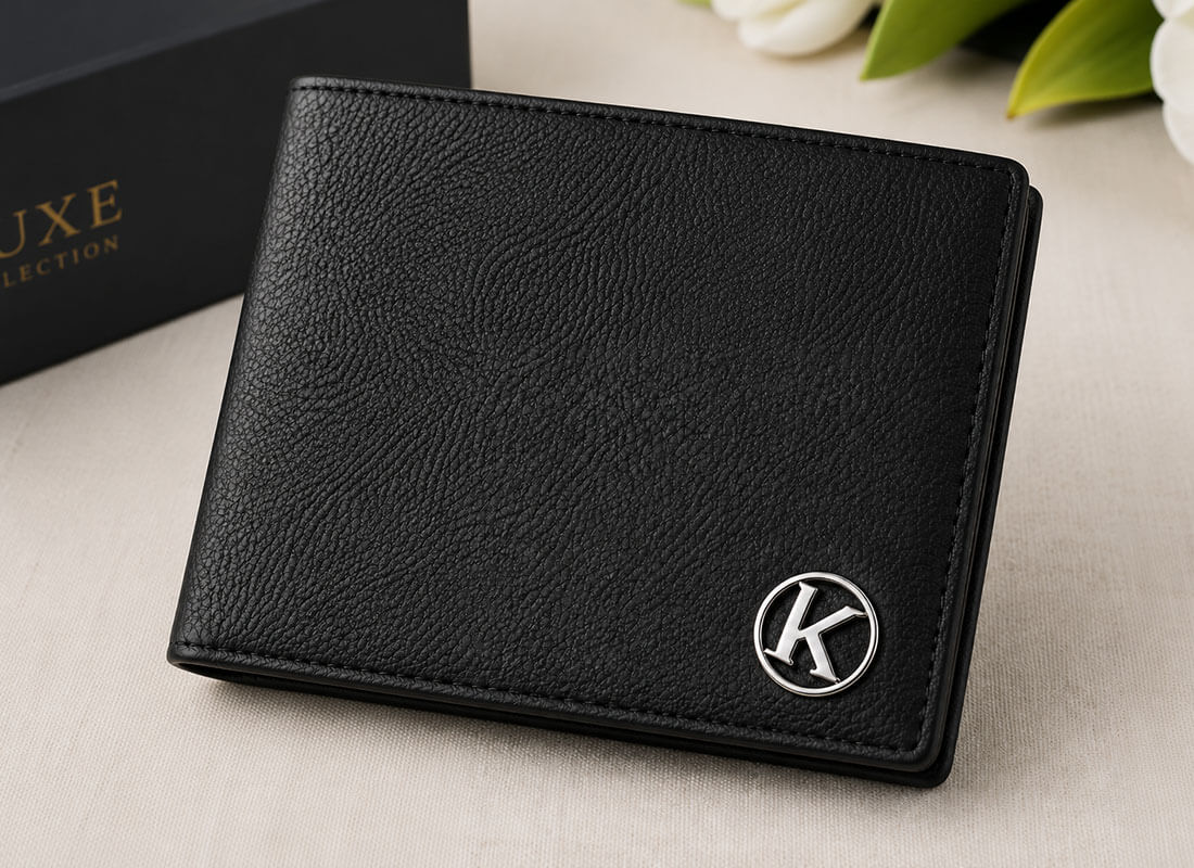 Branded handbag logo plate factory demonstrating small metal logo plate installed on a leather wallet.