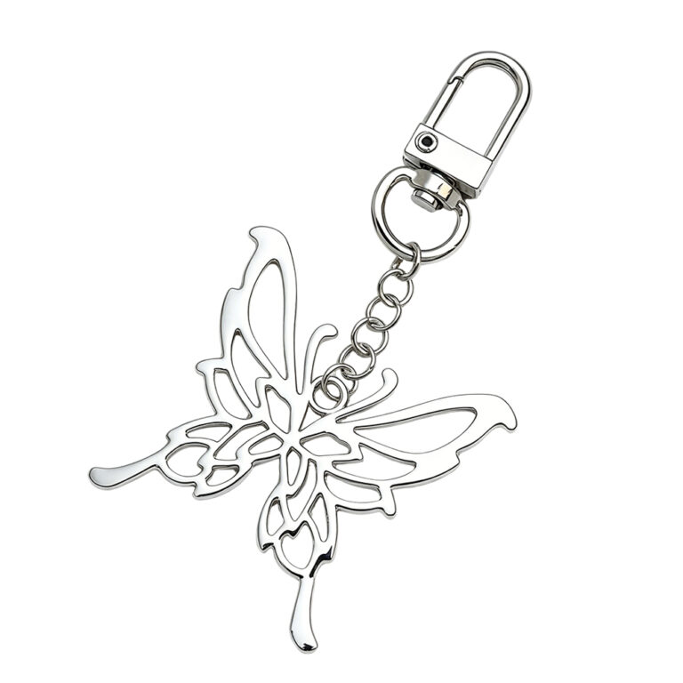 Premium silver butterfly bag charm with heavy duty metal keychain hook for luxury purse and backpack hardware accessories.