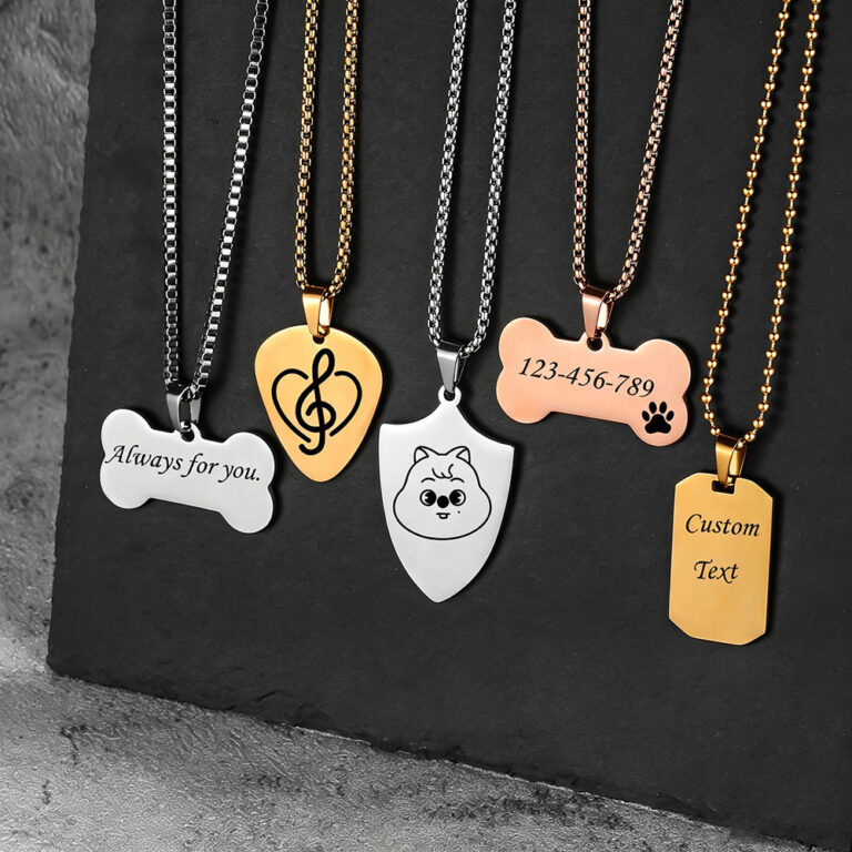 Custom shield pendant necklace displayed in four color options with personalized dad gift portrait and custom text logo.