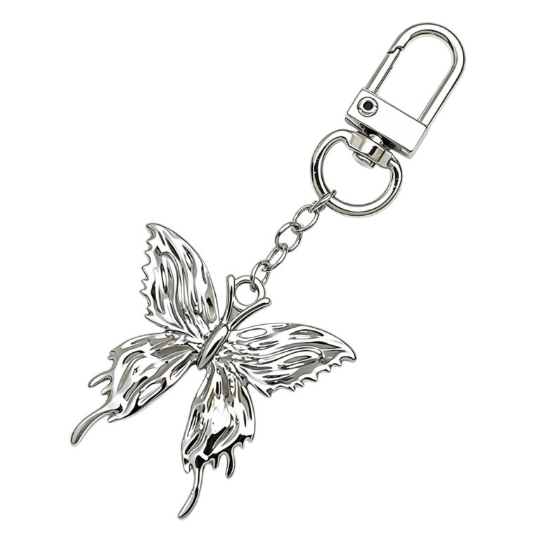 Premium silver butterfly bag charm with heavy duty metal keychain hook for luxury purse and backpack hardware accessories.