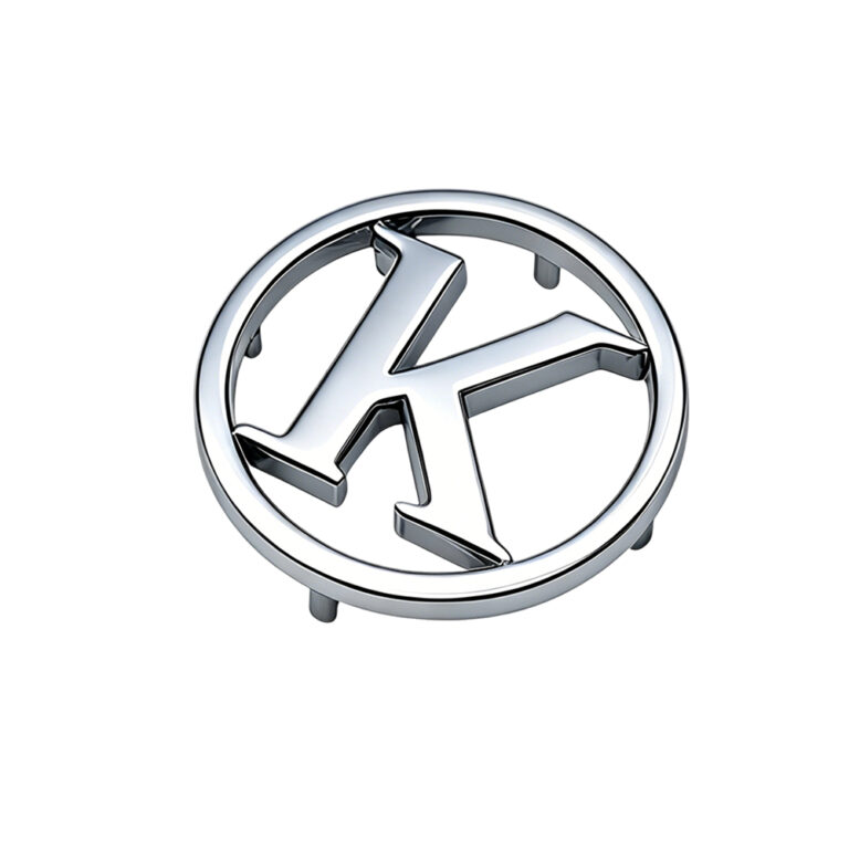 Nickel custom metal logo plate for handbags with zinc alloy letter K design.
