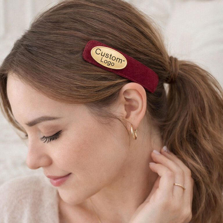 Custom metal logo for hair accessories featuring engraved zinc alloy brand tags on a velvet headband and hair clip with a pure white background.