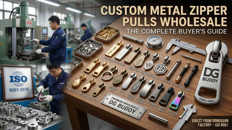 DG Buddy factory in Dongguan manufacturing custom metal zipper pulls wholesale, showing ISO certified production lines for die-casting, polishing, and plating, and a tray of finished samples in various finishes (Gold, Silver, Gunmetal, PVD) for the complete buyer's guide