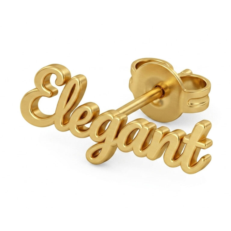 Gold plated name earrings with elegant script word design on a white background.
