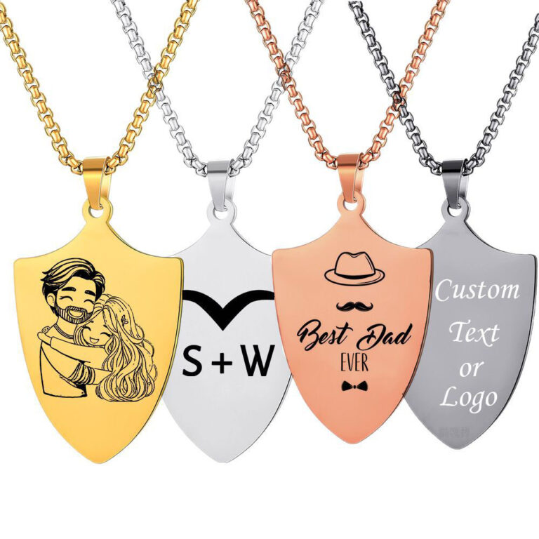Custom shield pendant necklace displayed in four color options with personalized dad gift portrait and custom text logo.