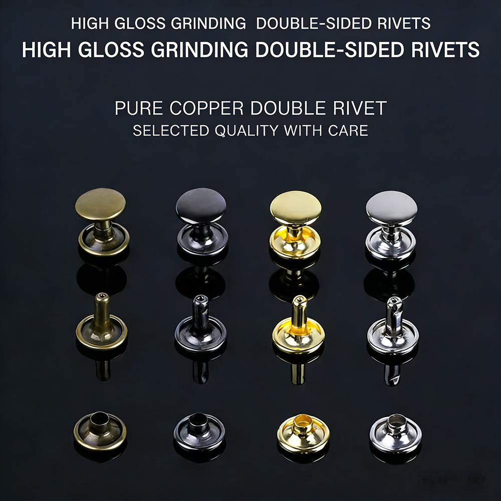 High gloss grinding double cap rivets for fabric and leather goods displayed on a reflective black background.