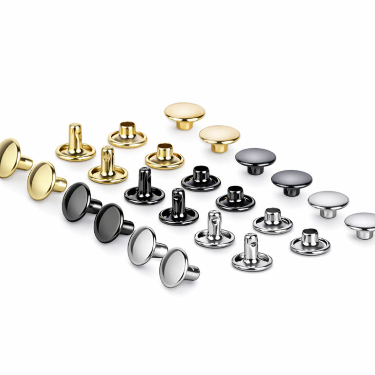 Double sided rivets for leatherwork in multiple color options including gunmetal, light gold, and antique brass.