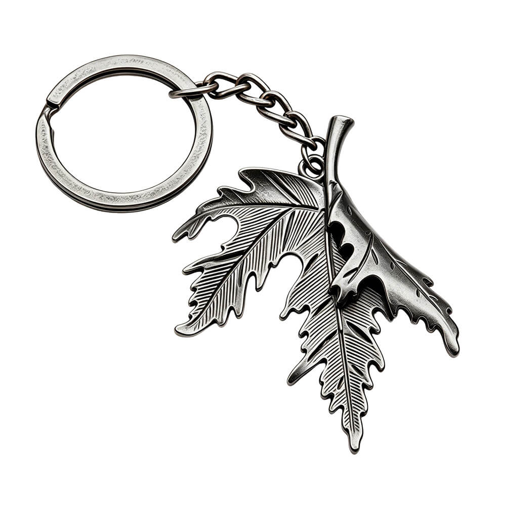 Gunmetal alloy keychain leaf pendant from a professional zinc alloy metal keychain factory.