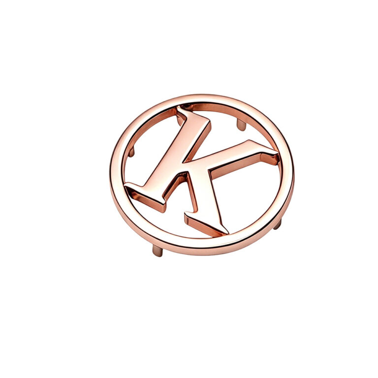 Nickel custom metal logo plate for handbags with zinc alloy letter K design.